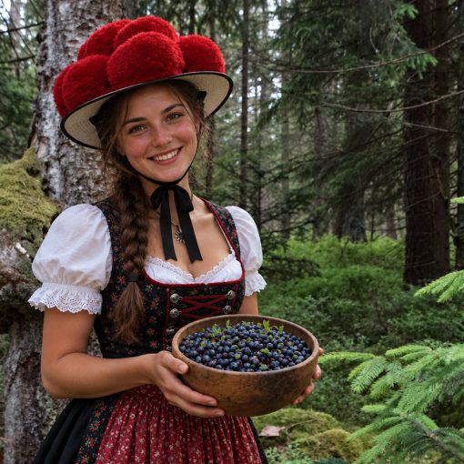 Schwarzwaldmädel in Schwarzwaldtracht mit Heidelbeeren, die sie im Wald gepflückt hat